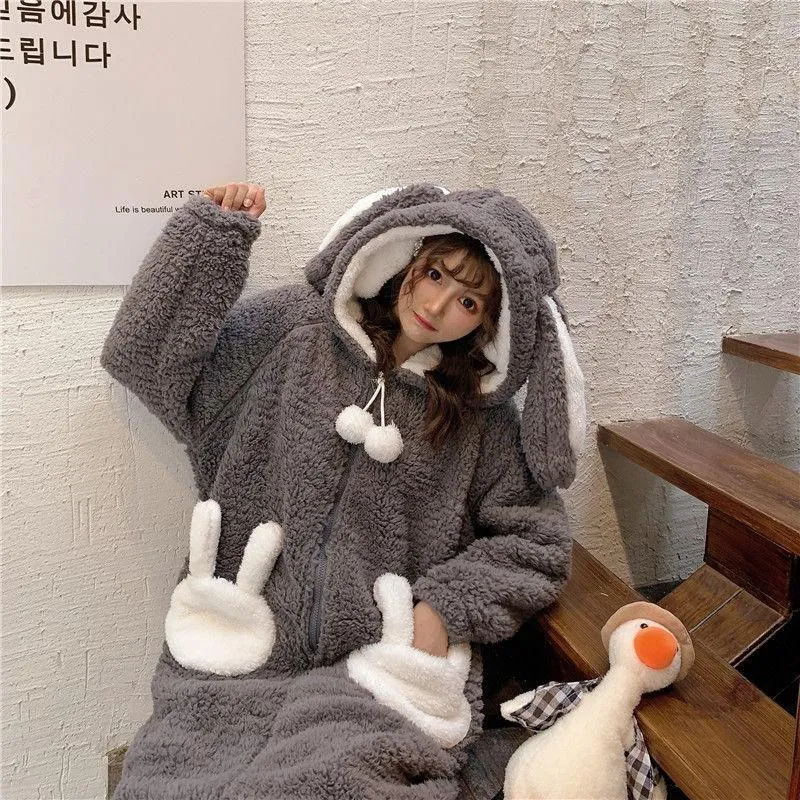 Cute Bunny Long Ears One Piece Warm Hooded Thick Girls Nightwear House Ladies Sleepwears Winter PJ onesie gift rabbit Flannel romper