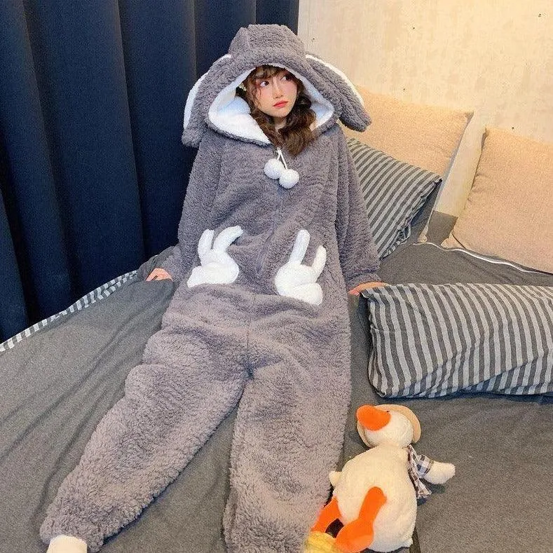 Cute Bunny Long Ears One Piece Warm Hooded Thick Girls Nightwear House Ladies Sleepwears Winter PJ onesie gift rabbit Flannel romper