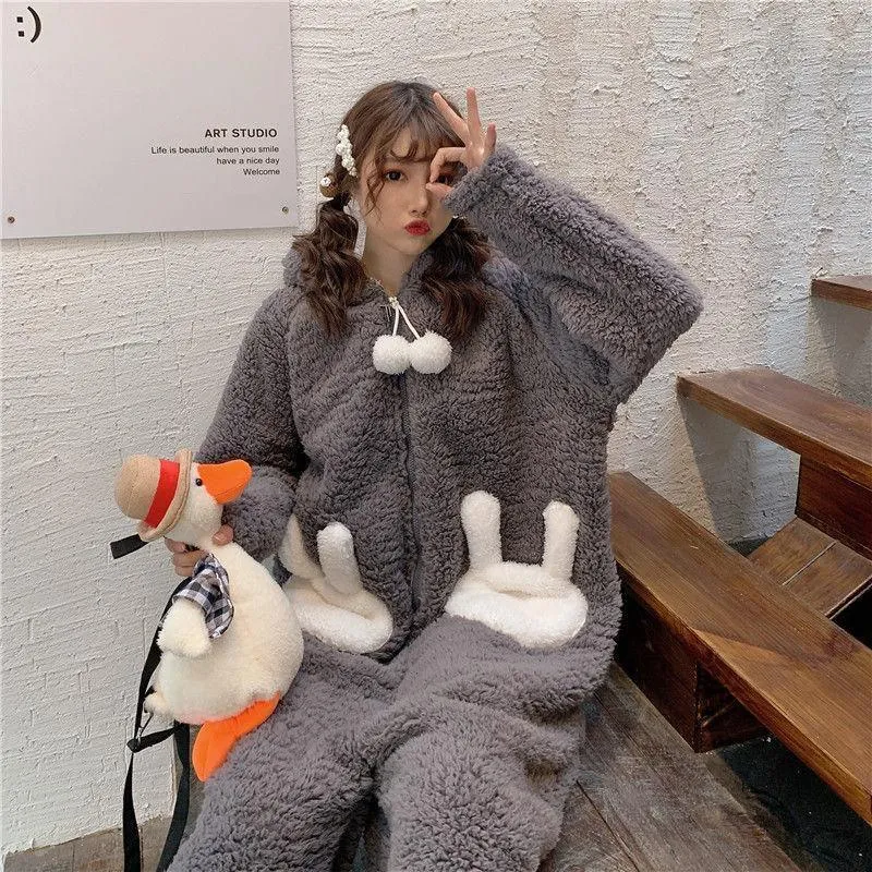 Cute Bunny Long Ears One Piece Warm Hooded Thick Girls Nightwear House Ladies Sleepwears Winter PJ onesie gift rabbit Flannel romper