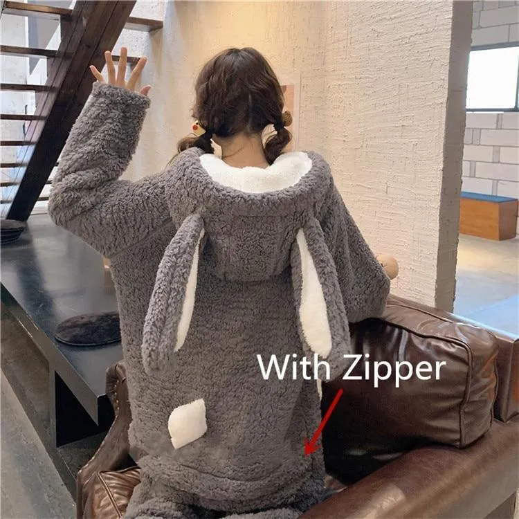 Cute Bunny Long Ears One Piece Warm Hooded Thick Girls Nightwear House Ladies Sleepwears Winter PJ onesie gift rabbit Flannel romper