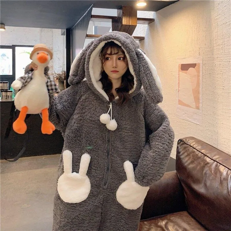 Cute Bunny Long Ears One Piece Warm Hooded Thick Girls Nightwear House Ladies Sleepwears Winter PJ onesie gift rabbit Flannel romper