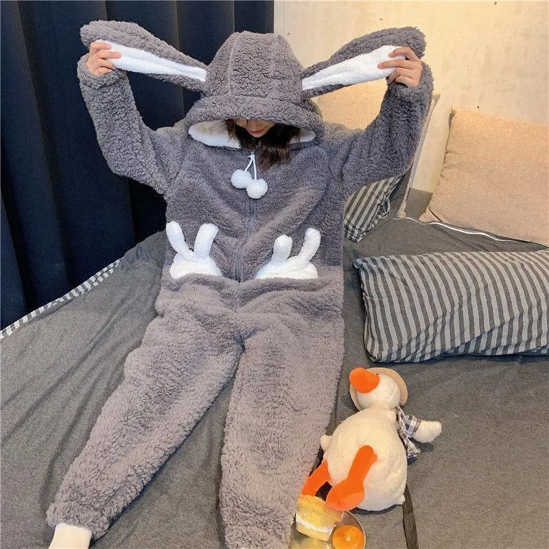 Cute Bunny Long Ears One Piece Warm Hooded Thick Girls Nightwear House Ladies Sleepwears Winter PJ onesie gift rabbit Flannel romper