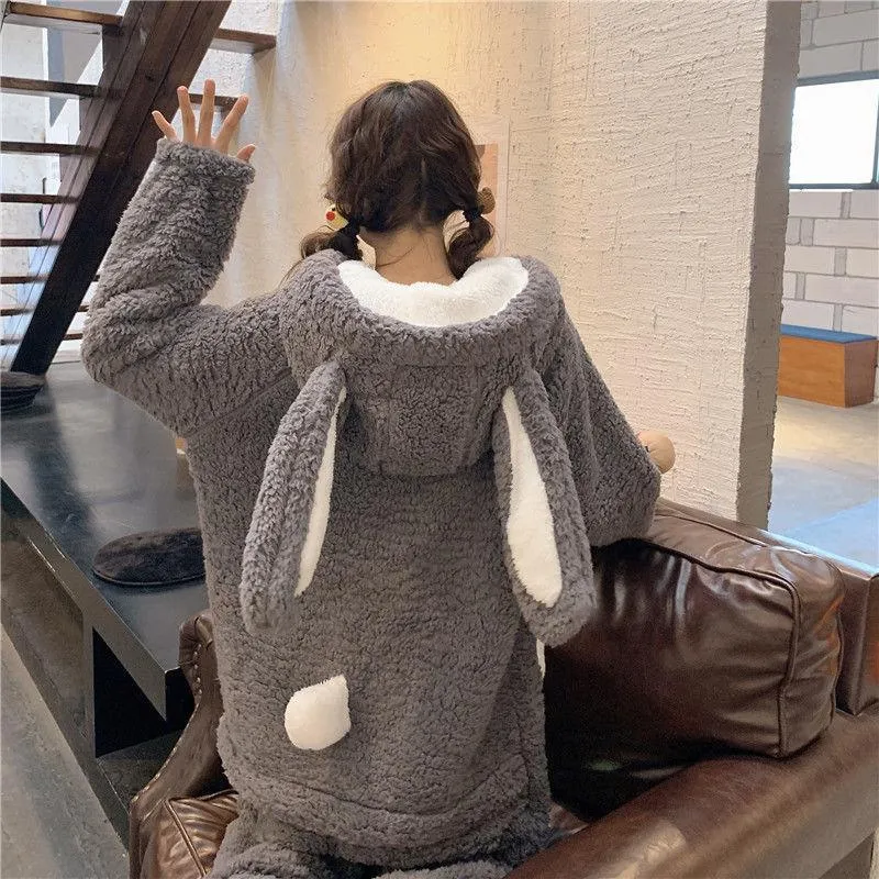 Cute Bunny Long Ears One Piece Warm Hooded Thick Girls Nightwear House Ladies Sleepwears Winter PJ onesie gift rabbit Flannel romper