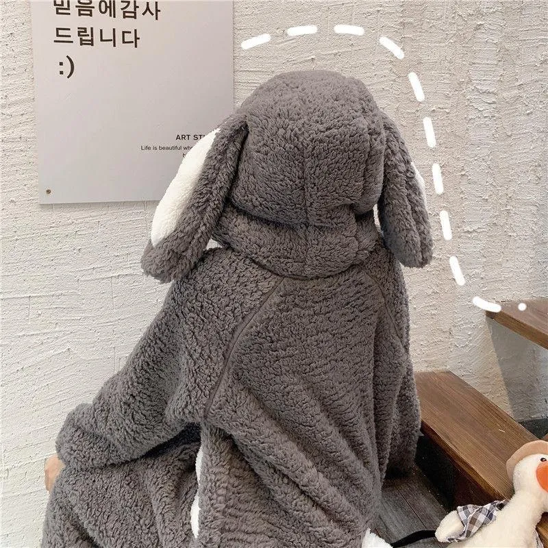 Cute Bunny Long Ears One Piece Warm Hooded Thick Girls Nightwear House Ladies Sleepwears Winter PJ onesie gift rabbit Flannel romper