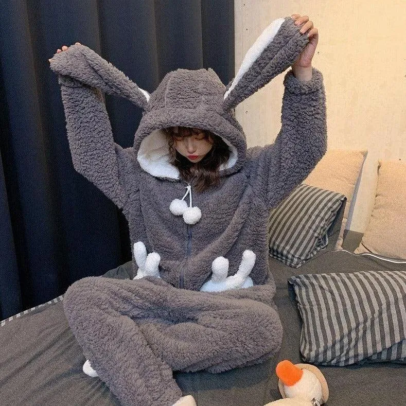 Cute Bunny Long Ears One Piece Warm Hooded Thick Girls Nightwear House Ladies Sleepwears Winter PJ onesie gift rabbit Flannel romper