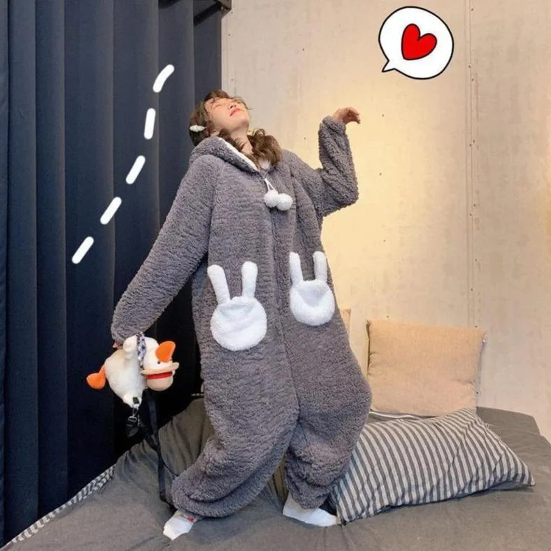 Cute Bunny Long Ears One Piece Warm Hooded Thick Girls Nightwear House Ladies Sleepwears Winter PJ onesie gift rabbit Flannel romper