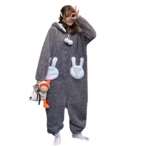 Cute Bunny Long Ears One Piece Warm Hooded Thick Girls Nightwear House Ladies Sleepwears Winter PJ onesie gift rabbit Flannel romper