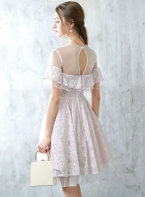 Cute Lace Knee Length Prom Dress, Light Pink Short Party Dress