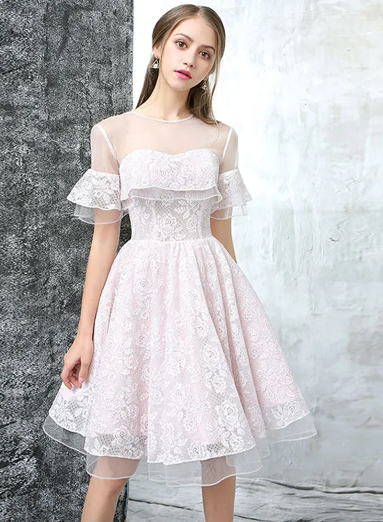 Cute Lace Knee Length Prom Dress, Light Pink Short Party Dress