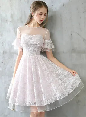 Cute Lace Knee Length Prom Dress, Light Pink Short Party Dress