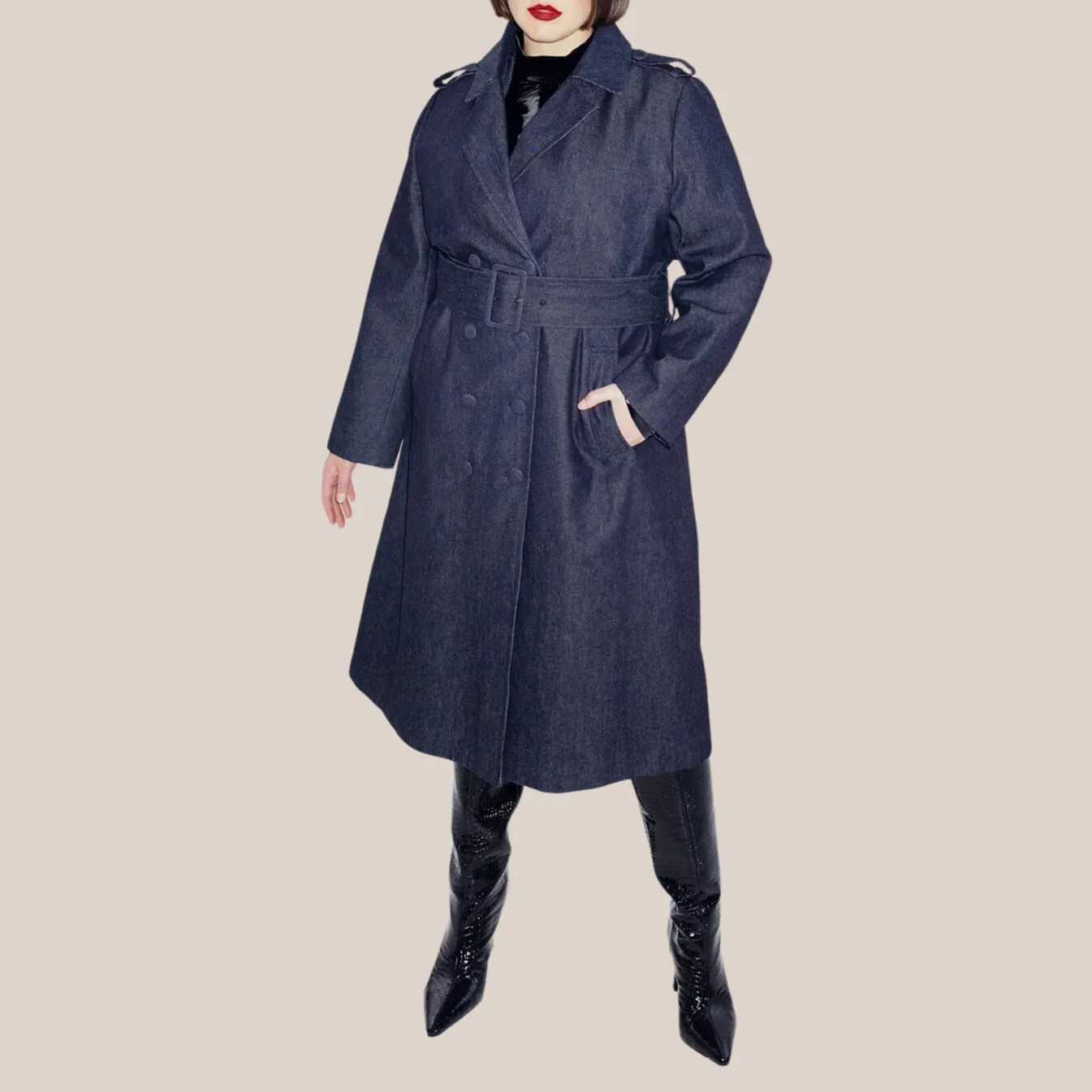 Denim Double Breasted Trench Coat - Dark Navy