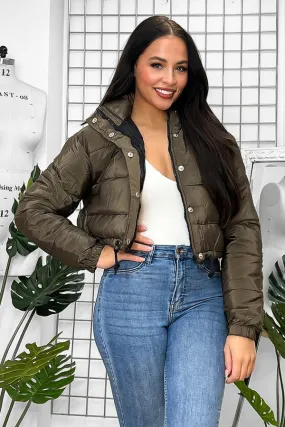 DRAWSTRING KHAKI CROPPED PUFFER JACKET