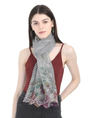 FabSeasons Grey Cotton Stylish Scarf with Floral Embroidery for Women