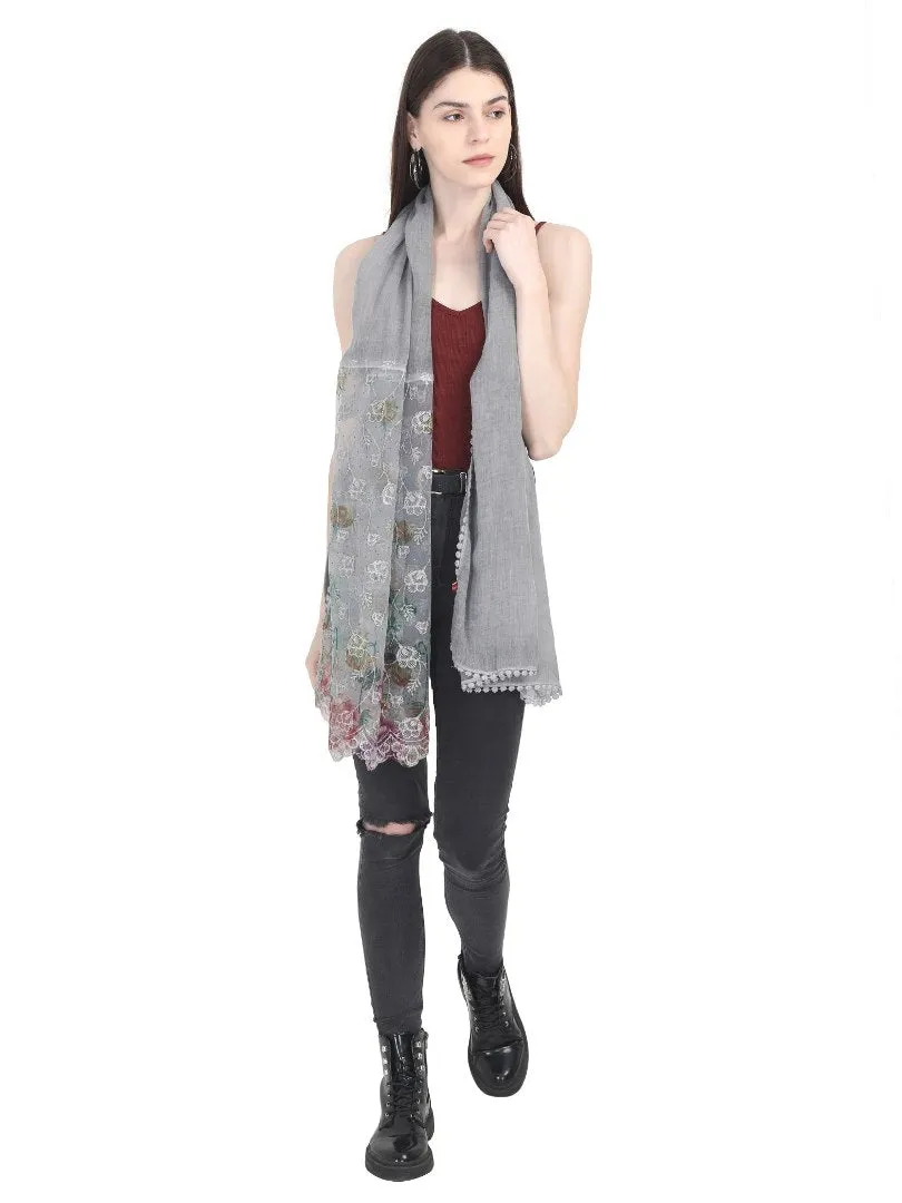 FabSeasons Grey Cotton Stylish Scarf with Floral Embroidery for Women