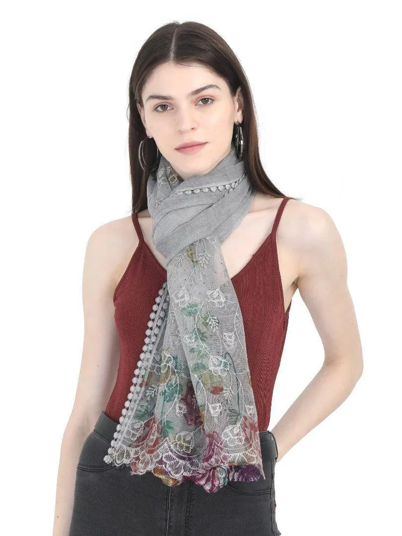 FabSeasons Grey Cotton Stylish Scarf with Floral Embroidery for Women