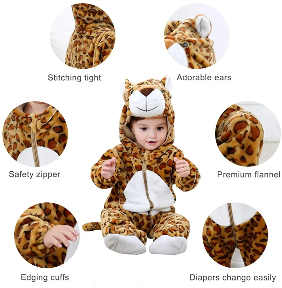 Fancydresswale Unisex Baby Flannel Jumpsuit Leopard Style Cosplay Clothes Bunting Outfits Snowsuit Hooded Romper Outwear (Leopard)