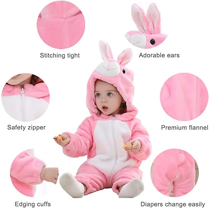 Fancydresswale Unisex Baby Flannel Jumpsuit Pink Rabbit Style Cosplay Clothes Bunting Outfits Snowsuit Hooded Romper Outwear (Pink Rabbit)