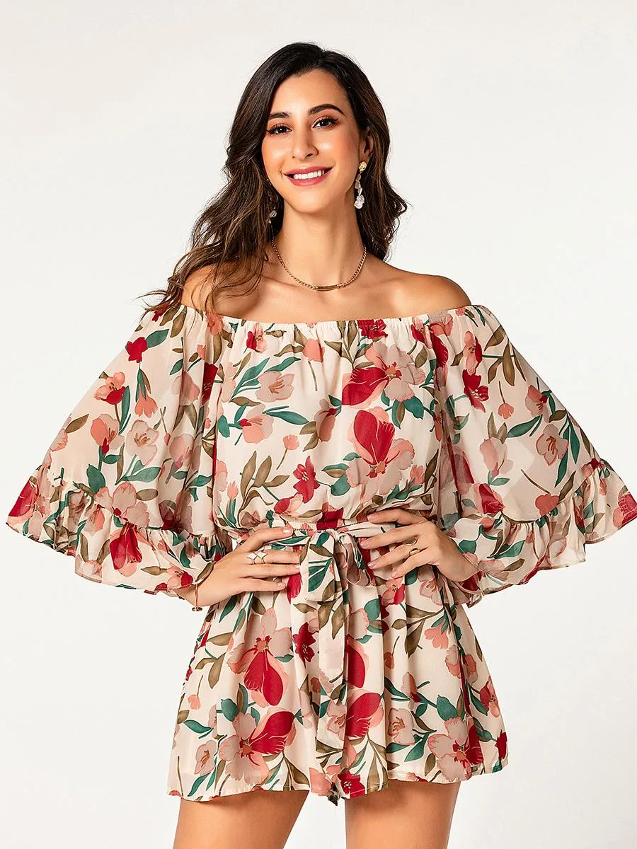 fashion flora ruffle 3/4 sleeve off shoulder short holiday jumpsuit