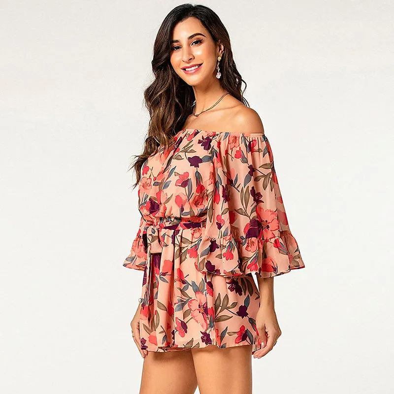 fashion flora ruffle 3/4 sleeve off shoulder short holiday jumpsuit