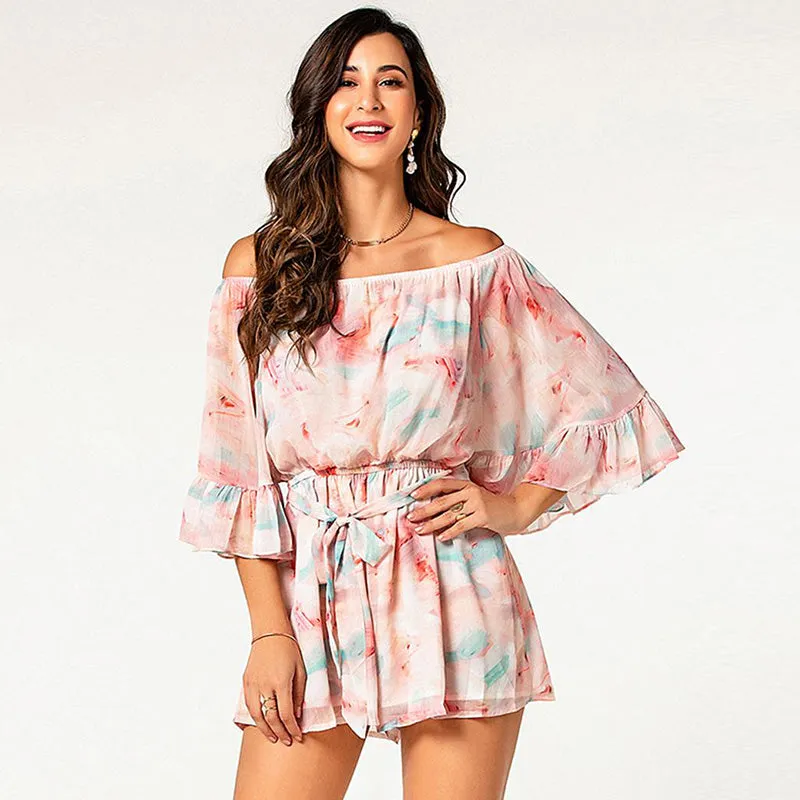 fashion flora ruffle 3/4 sleeve off shoulder short holiday jumpsuit