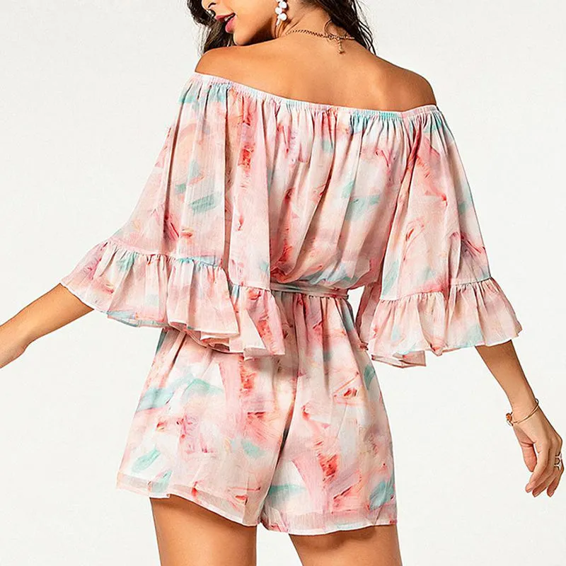 fashion flora ruffle 3/4 sleeve off shoulder short holiday jumpsuit