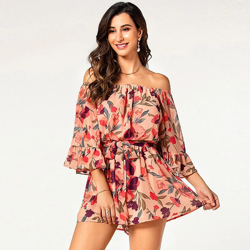 fashion flora ruffle 3/4 sleeve off shoulder short holiday jumpsuit