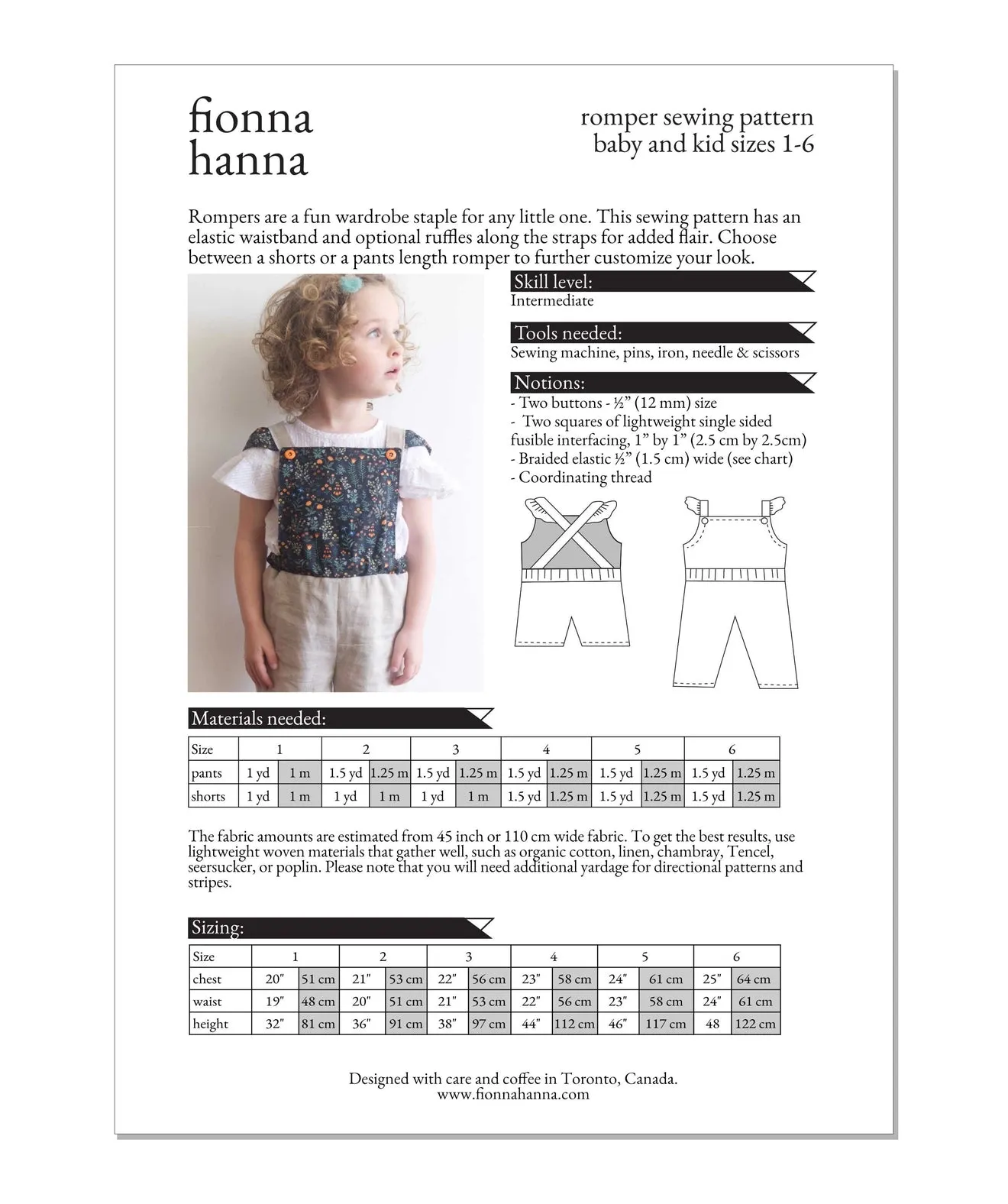 Fionna Hanna Romper  Pattern, little kids sizes 1-6