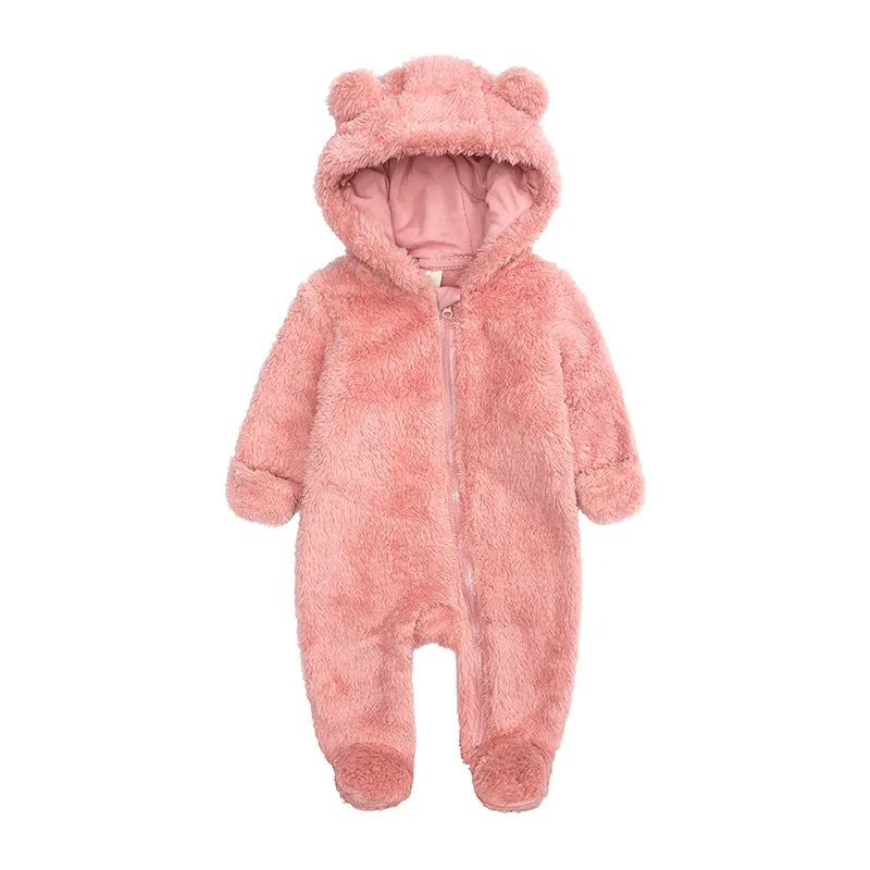 Flannel Thick Warm Zipper Bear Ear Hooded Outfit Snowsuit Baby Romper