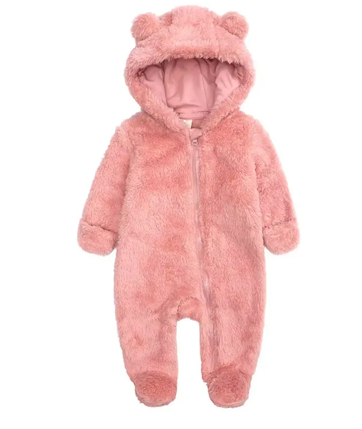 Flannel Thick Warm Zipper Bear Ear Hooded Outfit Snowsuit Baby Romper