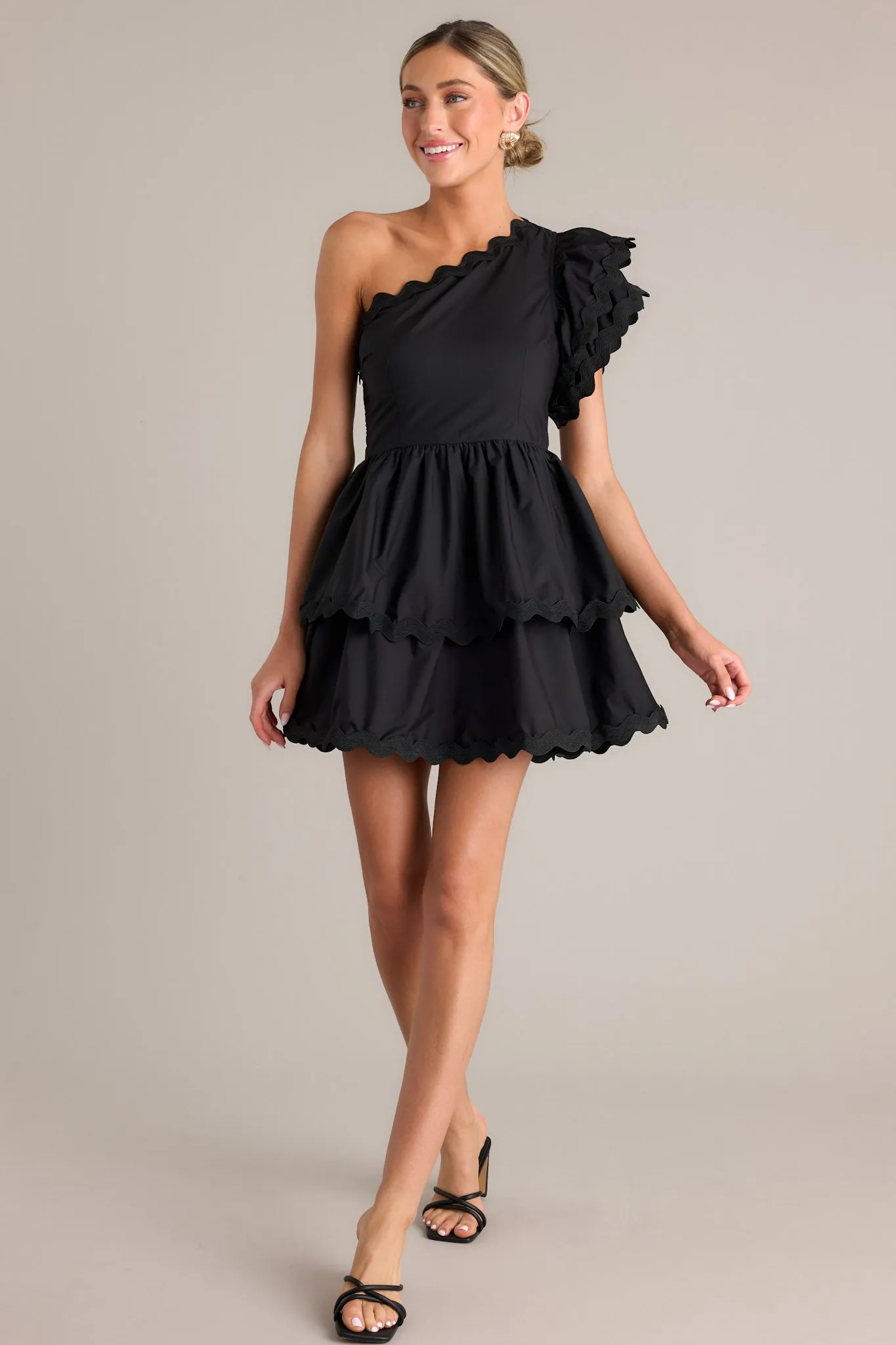 Flirty Flutter Black Scallop Tiered One Shoulder Romper