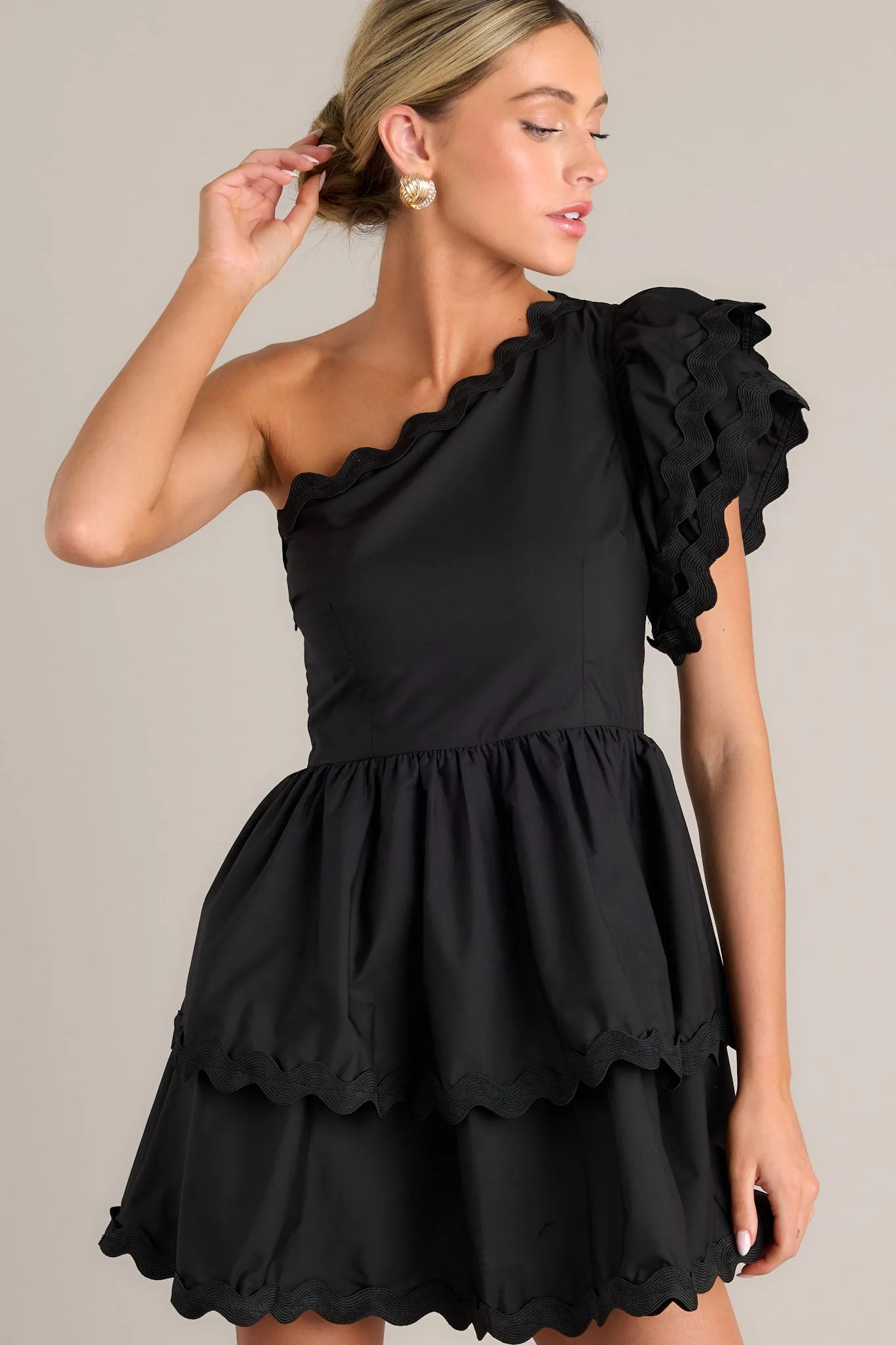 Flirty Flutter Black Scallop Tiered One Shoulder Romper