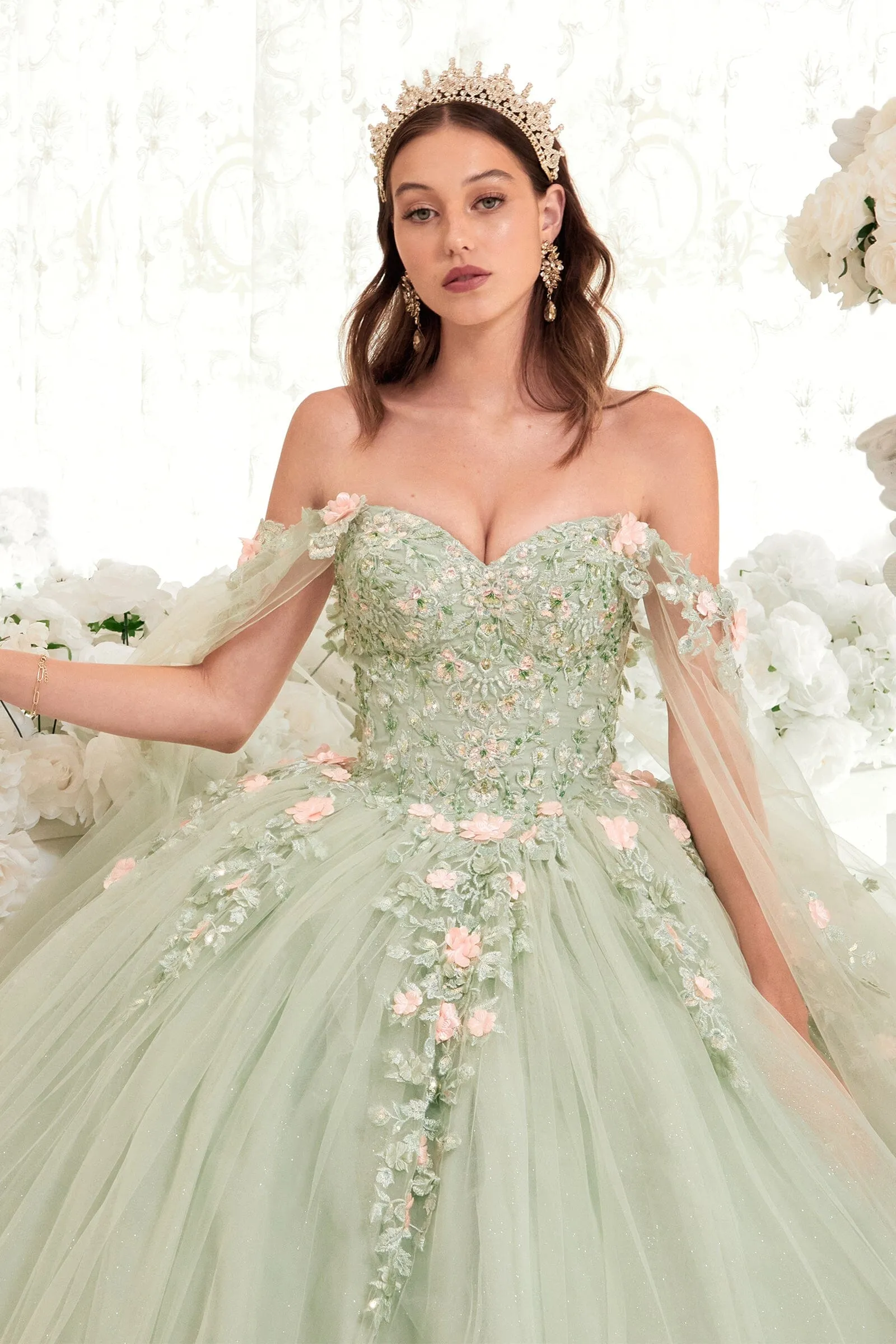 Floral Applique Cape Sleeve Ball Gown by Ladivine 15716