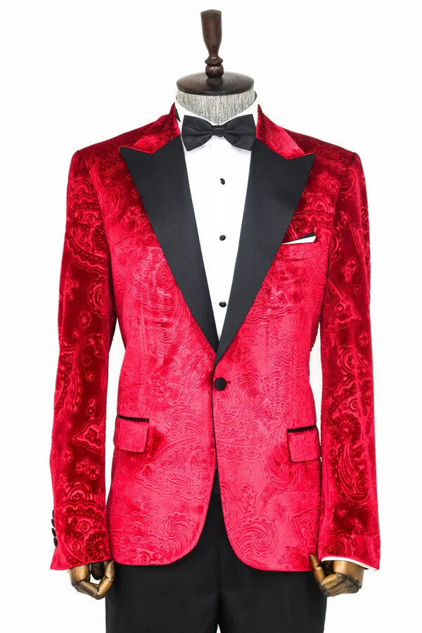 Floral Patterned Velvet Burgundy Men Tuxedo Jacket - Wessi