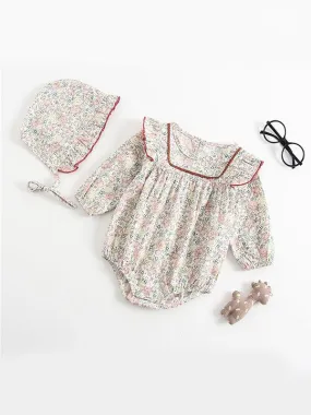 Floral Print Pleated Romper Onesies with Detachable Hat 2-piece Set