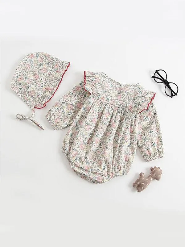 Floral Print Pleated Romper Onesies with Detachable Hat 2-piece Set