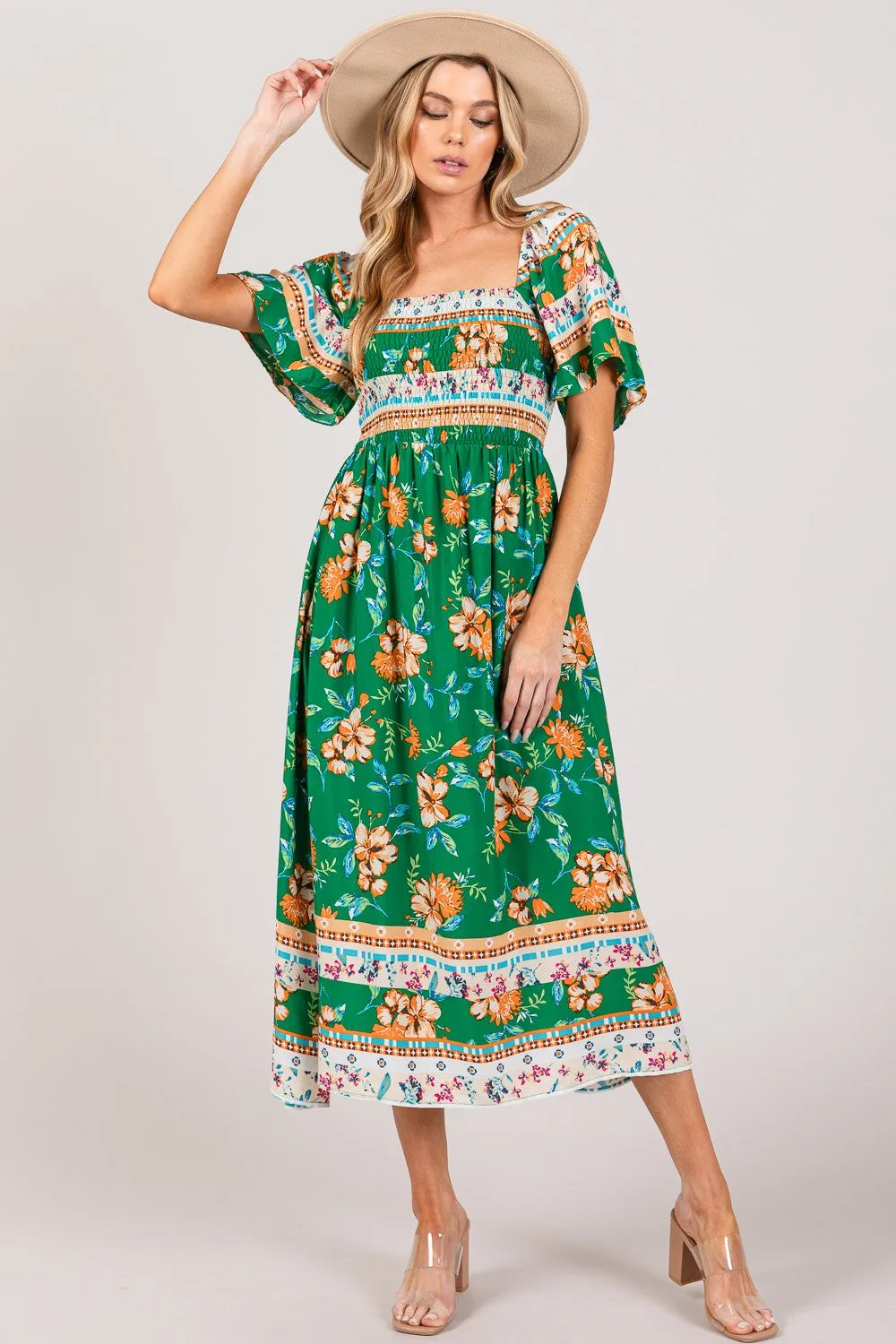 Floral Sage Smocked Short Sleeve Midi Dress