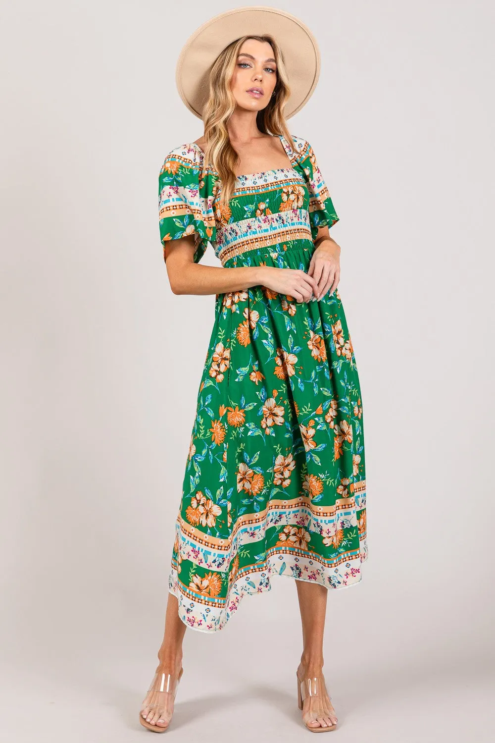 Floral Sage Smocked Short Sleeve Midi Dress