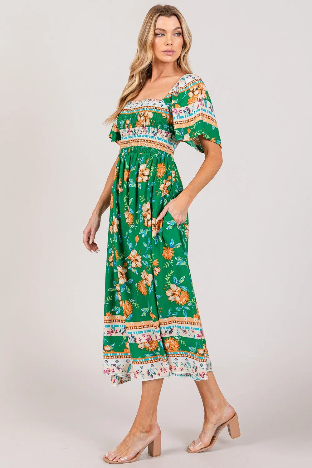 Floral Sage Smocked Short Sleeve Midi Dress