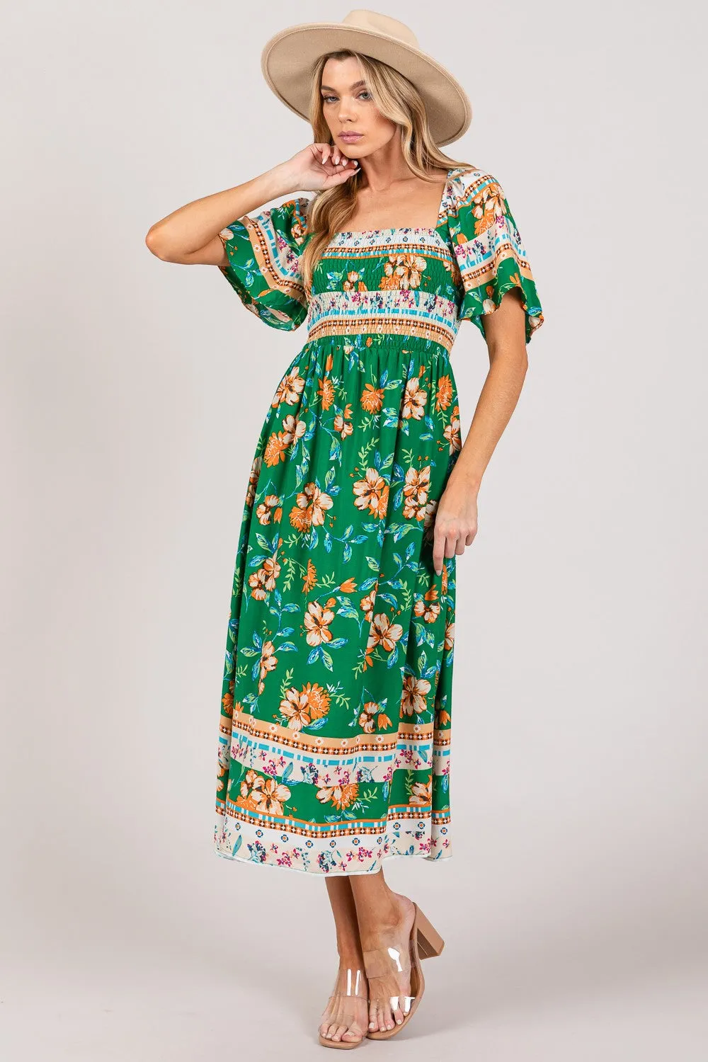 Floral Sage Smocked Short Sleeve Midi Dress