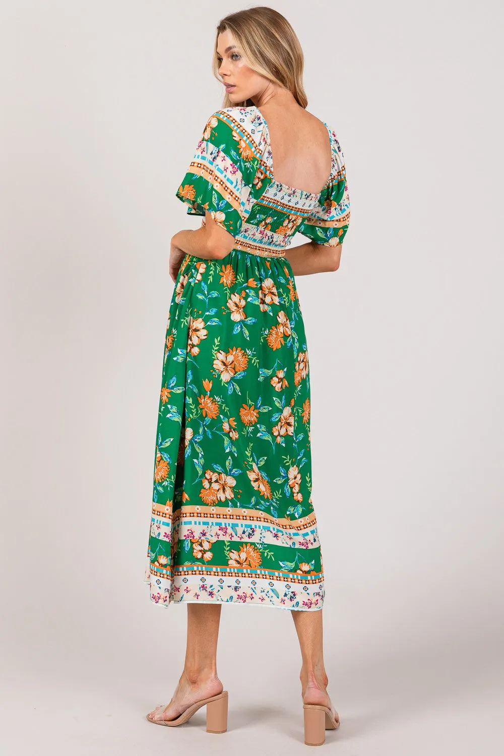 Floral Sage Smocked Short Sleeve Midi Dress