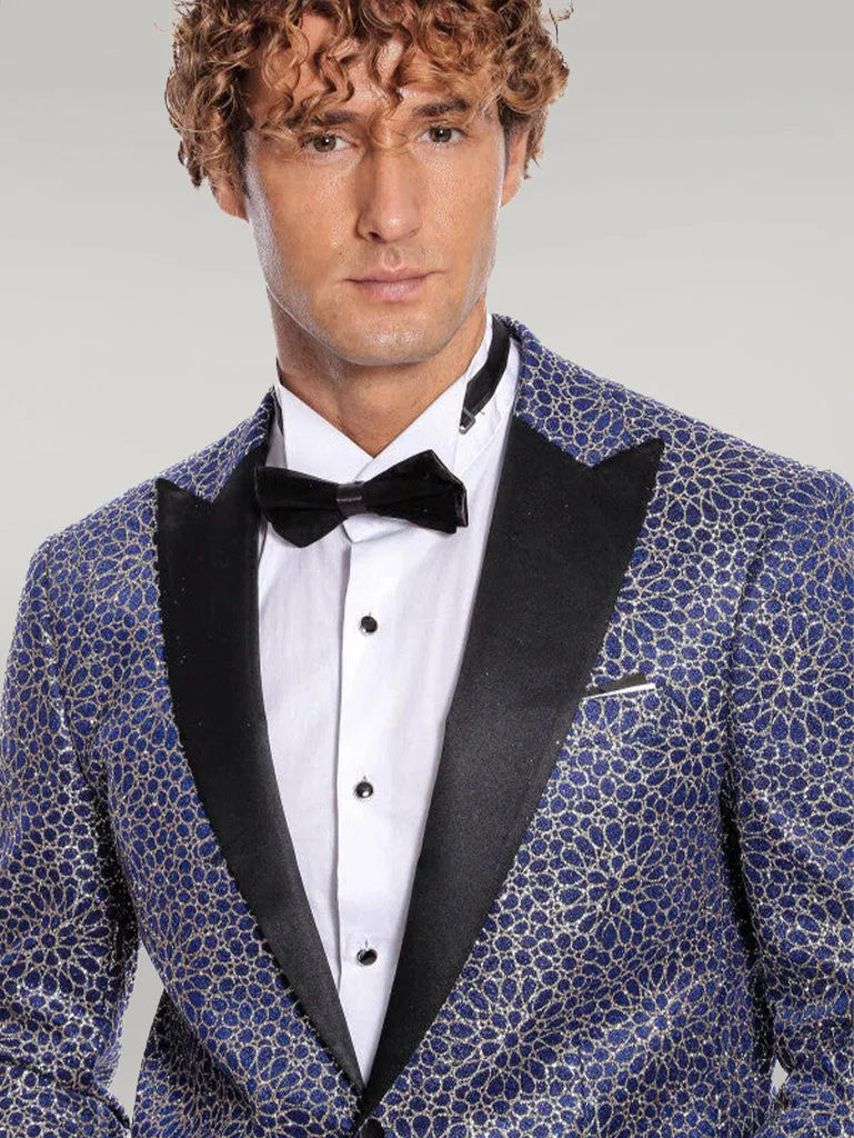 Flower Embroidered Pattern Navy Blue Men Party Blazer - Wessi