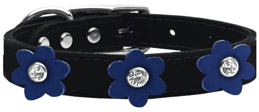 Flower Leather Collar Black With Blue Flowers Size 20