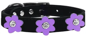 Flower Leather Collar Black With Lavender Flowers Size 18