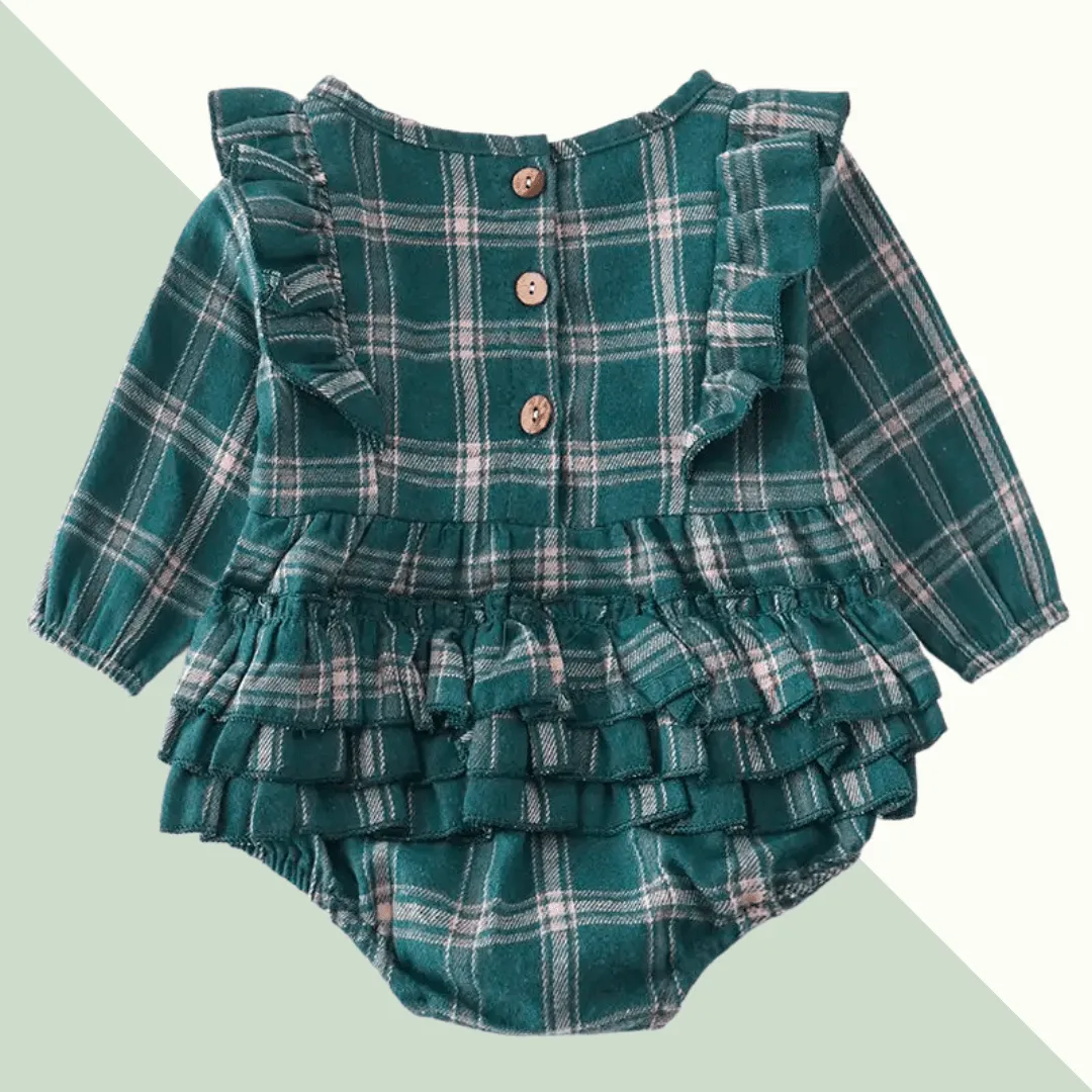 Forest Plaid Flannel Ruffle Baby Romper