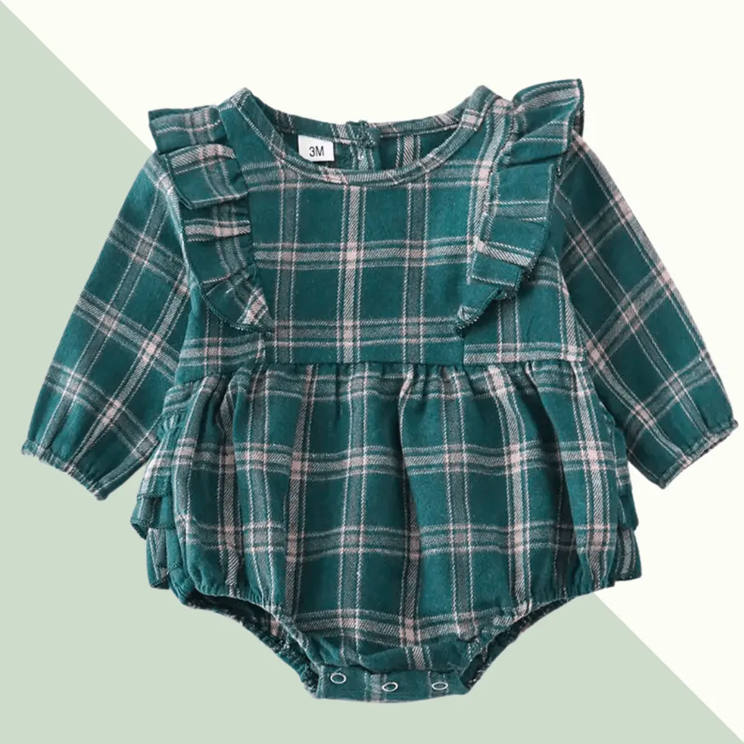 Forest Plaid Flannel Ruffle Baby Romper