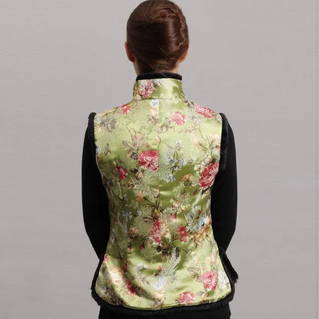 Fur Edge Floral Brocade Chinese Waistcoat with Strap Buttons