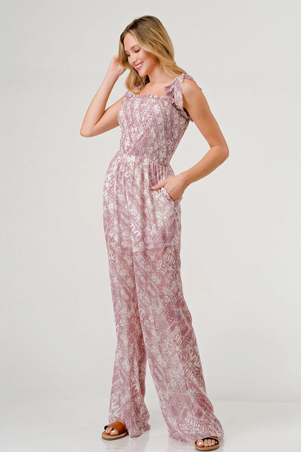 Geegee Printed Tie Shoulder Wide Leg Jumpsuit