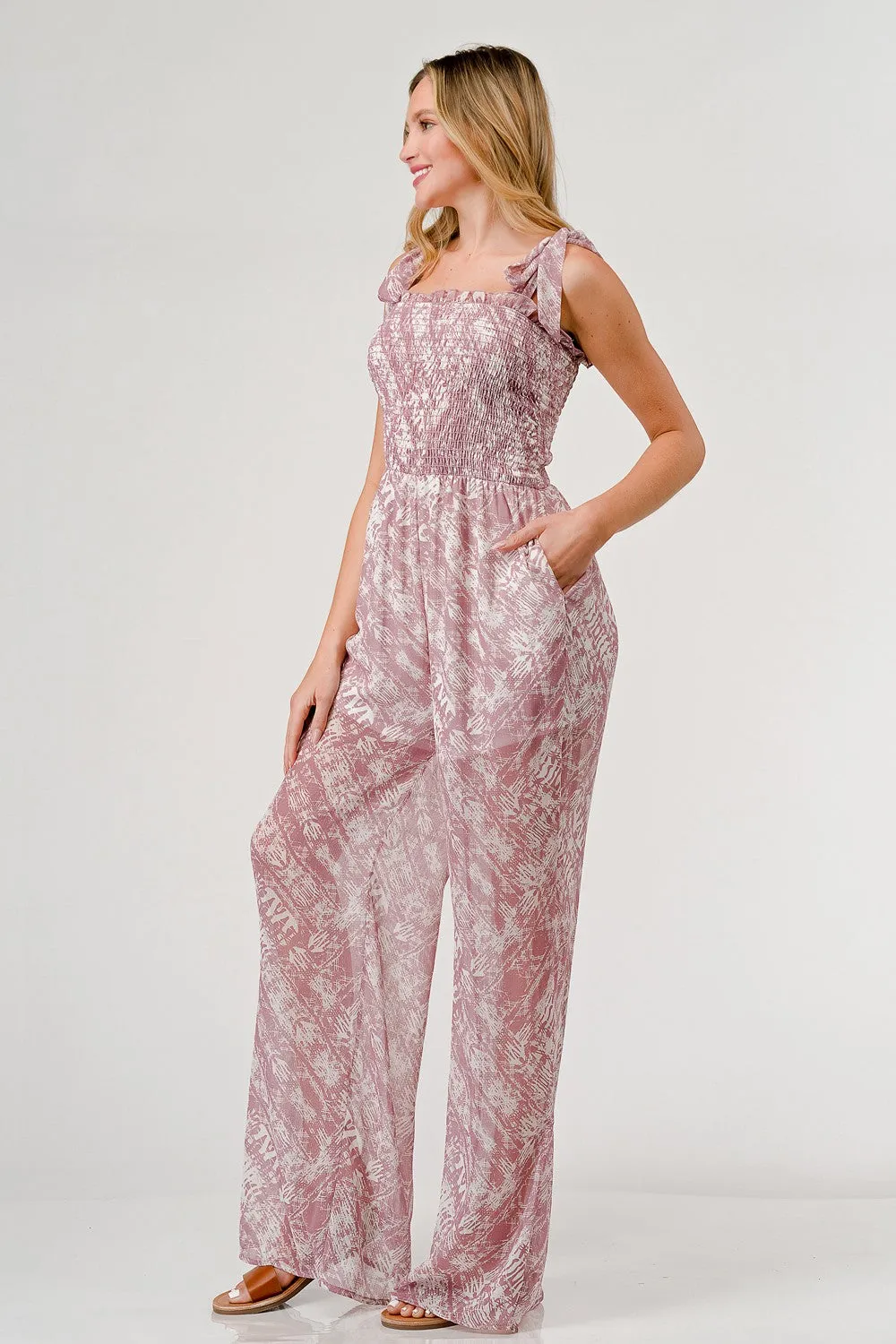 Geegee Printed Tie Shoulder Wide Leg Jumpsuit