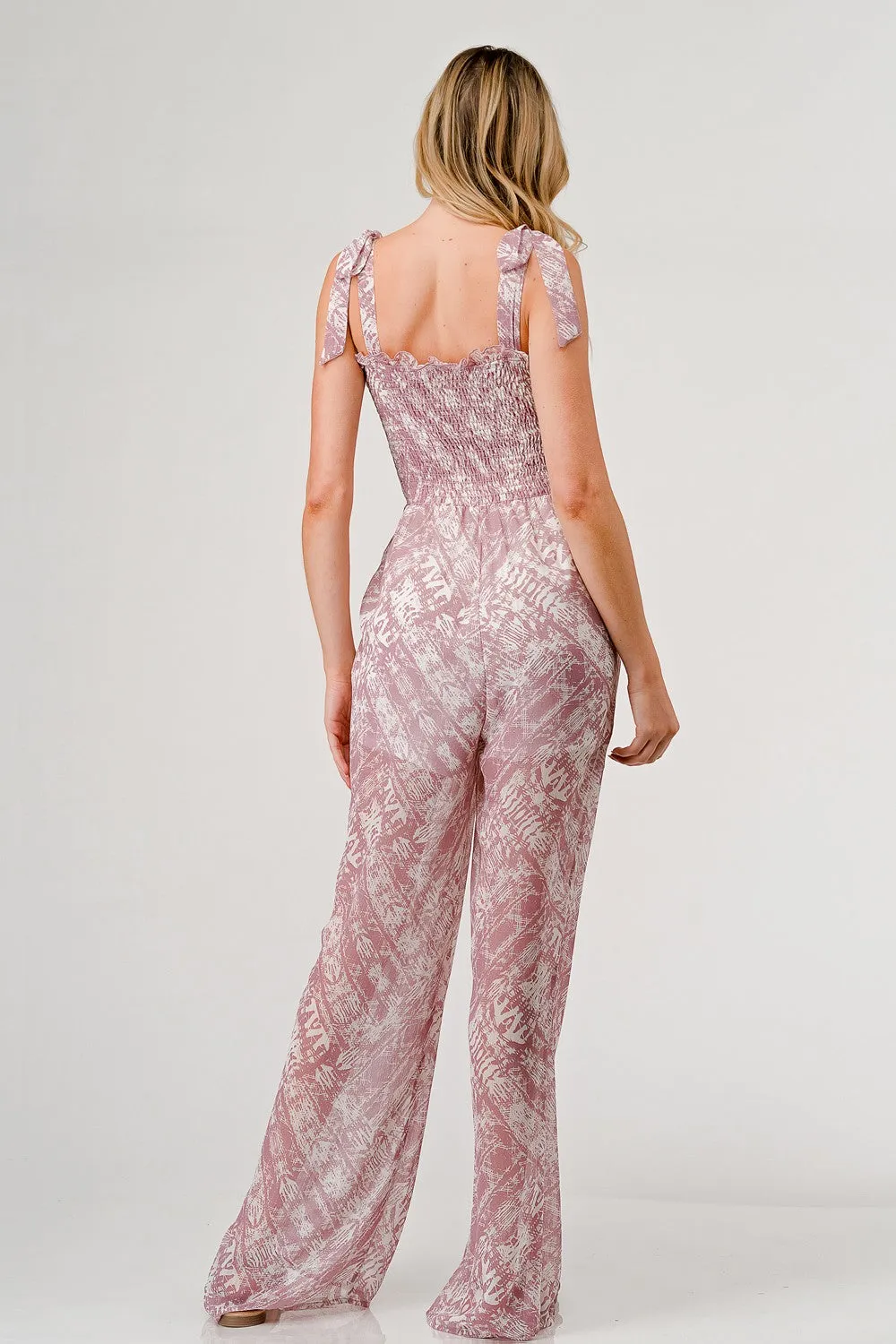 Geegee Printed Tie Shoulder Wide Leg Jumpsuit