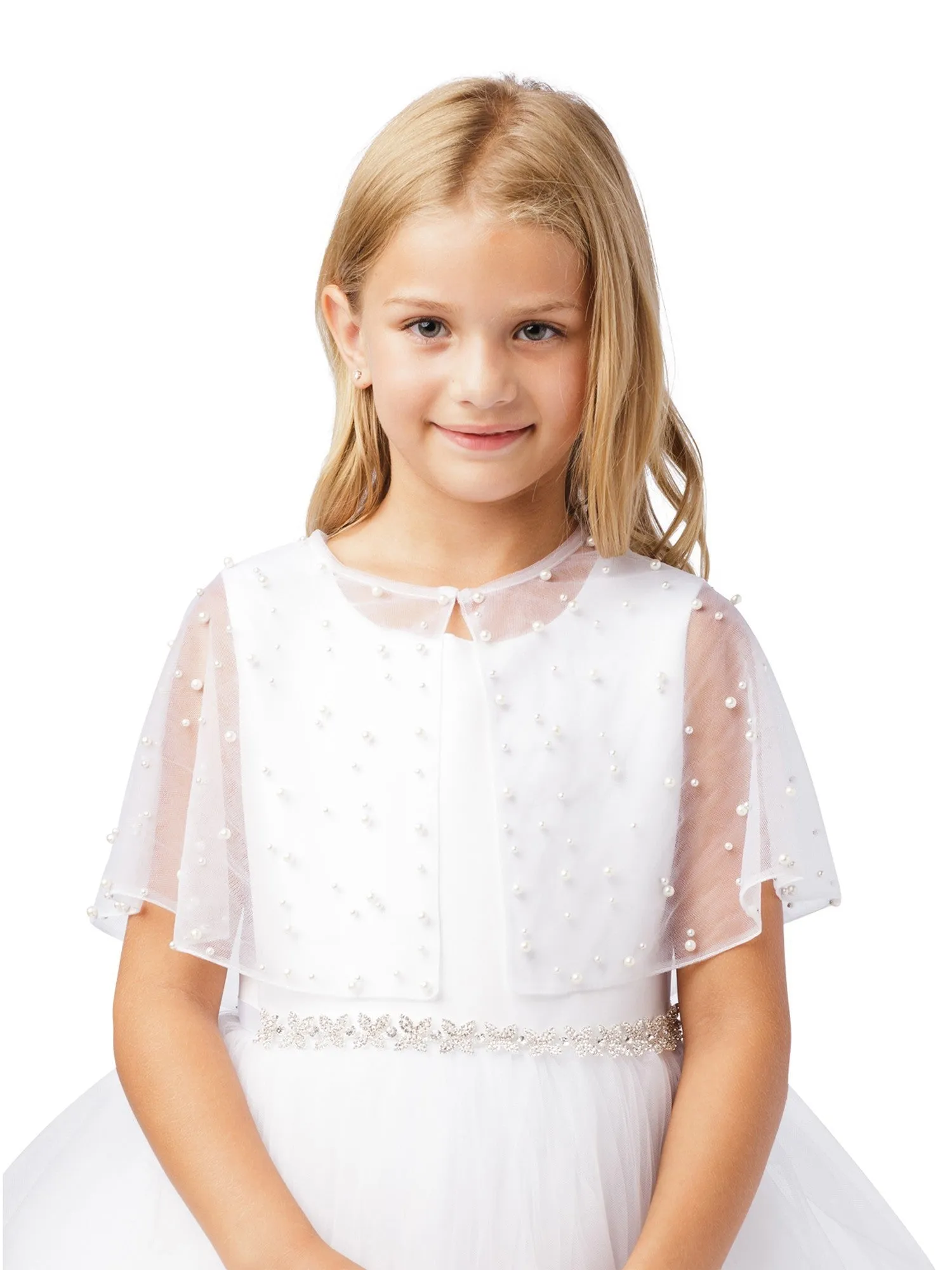 Girls White Pearl Embellished Translucent Elegant Mesh Cape 5-16